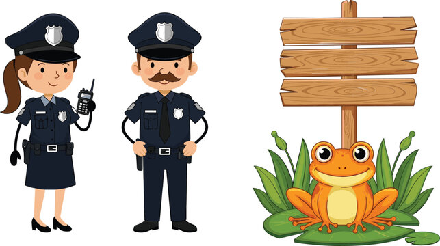 Police officers male and female with radio wooden signboard and cute frog cartoon characters vector illustration set for design