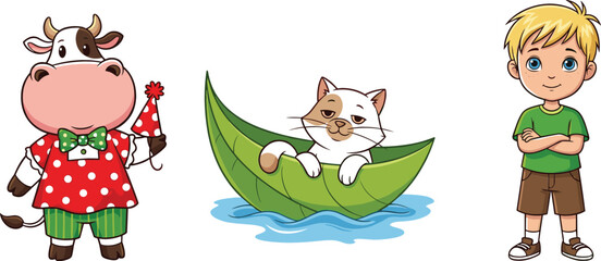 Fototapeta premium Cute cow in dress party hat cat relaxing on leaf boat and smiling boy cartoon vector illustration character set