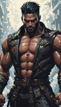 Muscular cyberpunk mercenary with tactical vest and beard.