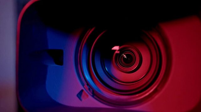 Professional Camera Lens Zooming In And Out To Focus A Sharp Image And To Capture Photograph Or Video. Camera lens Zooming, close-up to the Lens.