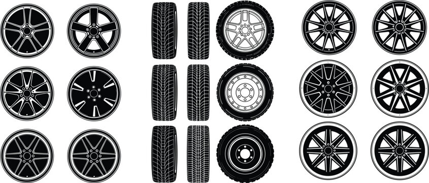 Car wheel vector set with alloy rims, tires, different spoke designs and automotive wheel icons in detailed black silhouette style illustration