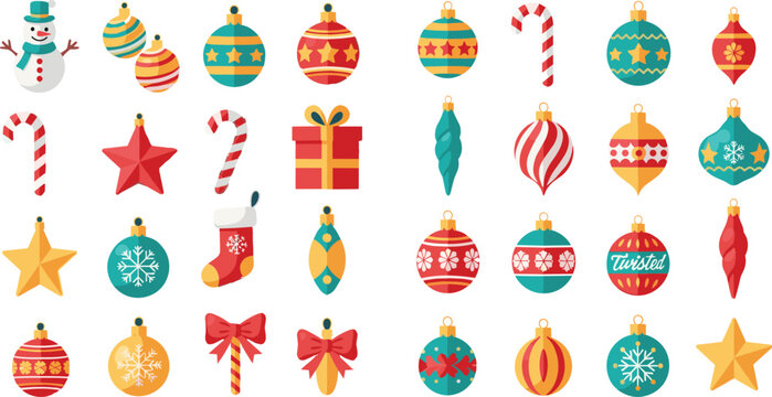 Christmas decoration vector set with ornaments, candy cane, gift box, star, snowman and festive elements in colorful flat cartoon style illustration
