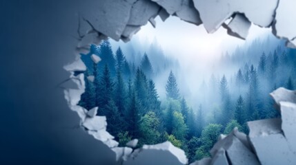 Fototapeta premium Fog-Covered Forest Visible Through Ruptured Wall Panel