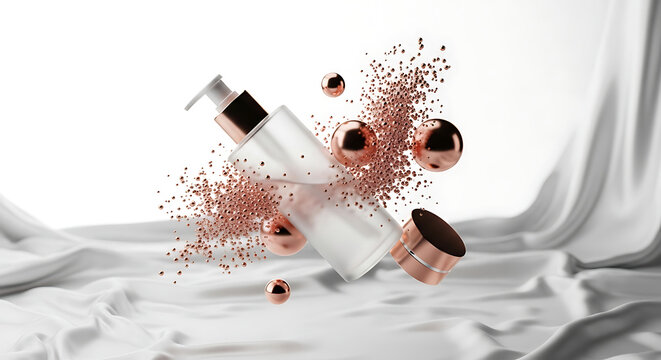 Cosmetic bottle with rose gold accents and glittering particles exploding outwards, luxurious skincare product display on a silky white draped background