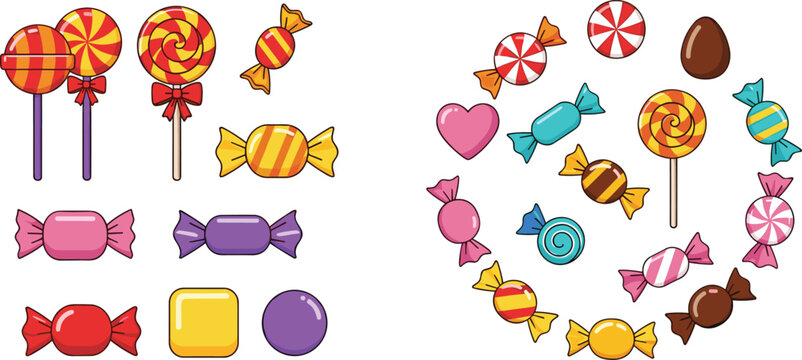 Colorful candy vector composition with lollipops, wrapped sweets, chocolates and heart shapes arranged in playful circular design cartoon style illustration