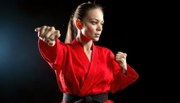 Focused Karate Practitioner in Red Gi Demonstrates Punching Technique.