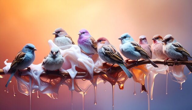 Group of colorful small birds perched on glossy surface dripping with white, cream, and caramel paint, blending natural wildlife with surreal artistic composition.