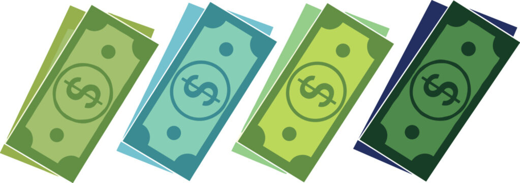 Colorful dollar banknotes vector illustration set with different cash bills in flat minimal style isolated on clean background