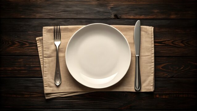 Top down flat lay photography of an empty white ceramic plate with a fork and knife on a rustic wood table