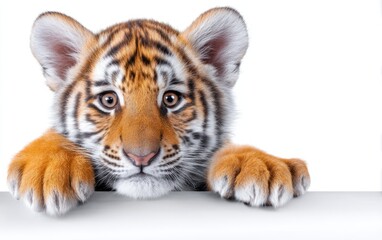 Obraz premium Playful Tiger Cub Peeking Over a Flat Ledge with Curious Expression
