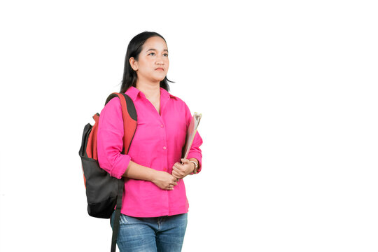 Confident Young Female Asian Student with Backpack and Files Looking Away