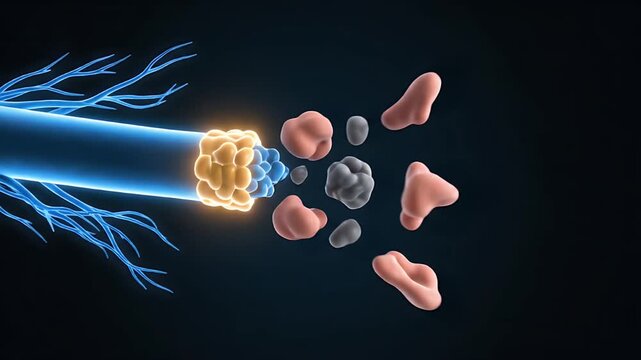 Cerebral cortex cross section showing neural activity and molecular interactions with glowing blue particles in a dark medical visualization