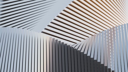 Abstract 3D render of white parametric geometric waves with sharp architectural lines and warm sunlight highlights