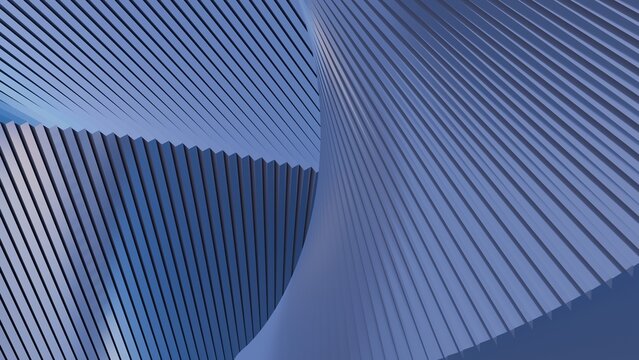 Abstract 3D render of blue parametric geometric waves with minimalist architectural lines and soft lighting