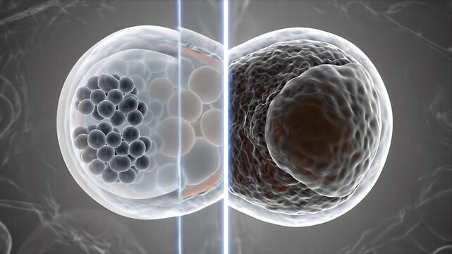 CG Cell Division and Growth Process in a Medical Visualization with Organic Textures and Gray Background for Educational Purposes