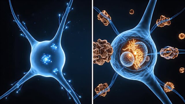 CGI animation of a neuron showing synaptic activity and the breakdown by invading brown particles against a dark blue medical background for educational and research purposes