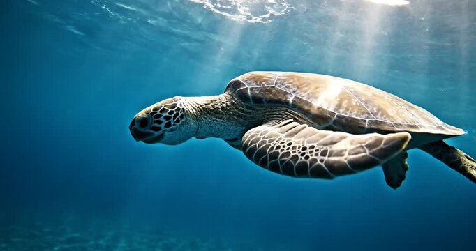 Graceful sea turtle gliding through clear blue ocean waters with sunlight filtering above