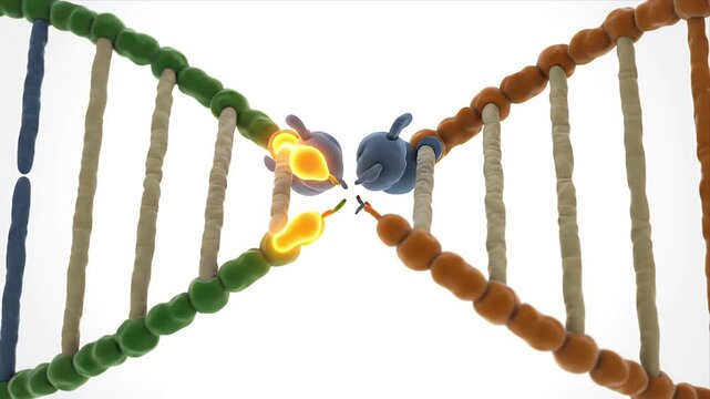 CGI animation of DNA replication enzymes interacting with a double helix structure with glowing bonds on a white background suitable for educational medical presentations