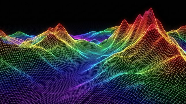 Abstract 3D glowing neon wireframe mountain landscape on black background