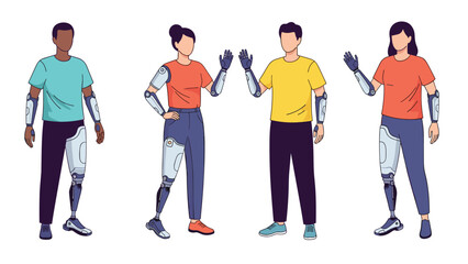 Fototapeta premium Group of diverse people standing together showing their functional bionic prosthetic arms and legs in a flat design style.