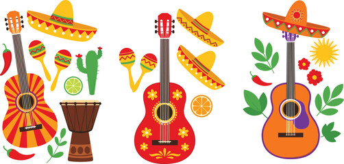 Naklejka premium Mexican culture vector set with guitars, sombreros, maracas, chili peppers, cactus and traditional festive elements in colorful flat illustration style
