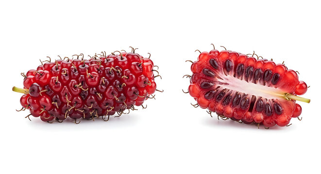 fresh ripe raspberries whole and halved on white background close-up