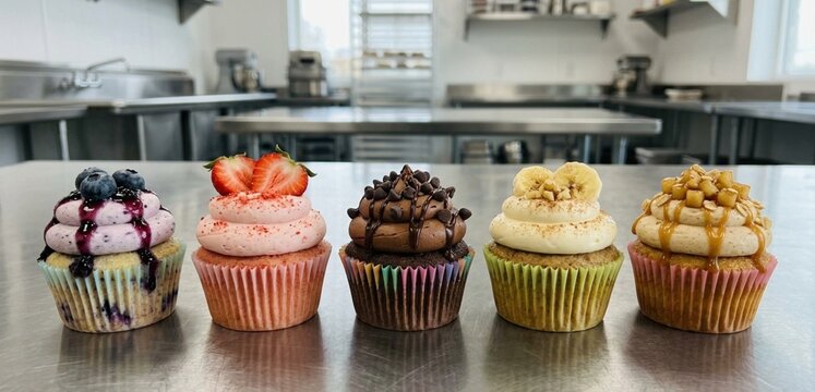 Row of five assorted cupcakes with colorful frosting and fruit toppings on a stainless steel kitchen table. Professional bakery and dessert concept.