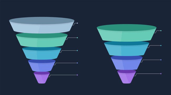 Two sales funnel diagrams with four and five elements for marketing conversion visualization, dark background