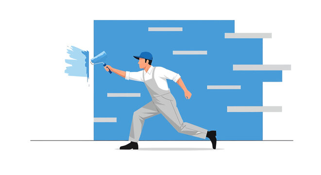 Man in overalls running and painting a wall with a roller