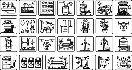 Urban agriculture vector icons set, rooftop gardens, hydroponics, vertical farming, composting, solar systems, irrigation, smart green city CAD symbols © ArtFlex