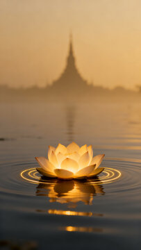 Floating illuminated lotus with multiple concentric water ripples at sunset.