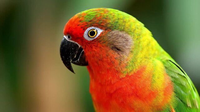 Vibrant orange and green parrot perched on a wooden branch outdoors in a tropical setting with lush greenery