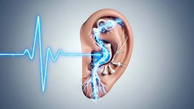 CGI Medical Classroom Animation Style Ear Clear with Blue Sound Wave and Neural Pathways on a Grey Gradient Background Illustrating Hearing Process for Educational Healthcare Presentation