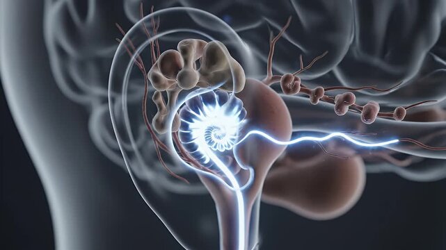 CGI Medical Infographic Style Of Transparent Ear With Focus On Cochlea And Auditory Nerve Impulse For Educational And Healthcare Presentation On Dark Background