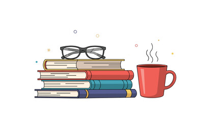Fototapeta premium Stack of colorful hardcover books with a pair of black glasses on top next to a steaming red mug of hot coffee.