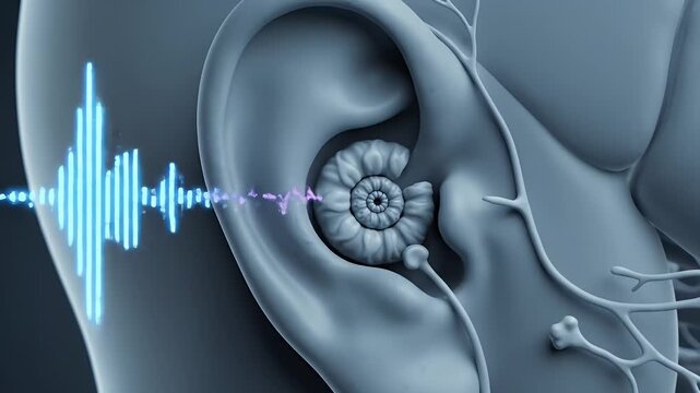 CGI Medical Visualization of Human Ear Anatomy and Auditory Function with Pulsating Blue Sound Waves Entering the Ear Canal and Cochlea for Healthcare Education and Research Presentations