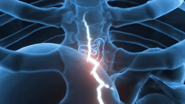 CGI medical visualization of human thyroid gland and trachea with electrical nerve pathway in blue anatomical chest x-ray rendering
