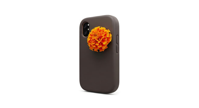 Dark phone case with a vibrant orange marigold flower pop socket, isolated on white background, modern accessory