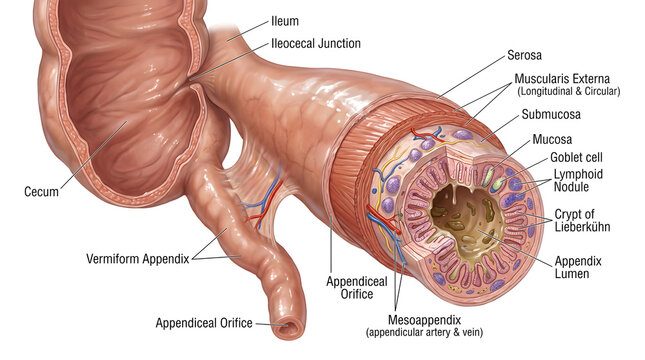 Detailed view of the cecum and vermiform appendix with magnified histological cross‑section showing mucosa, submucosa, muscularis externa, serosa, lymphoid nodules, mesoappendix vessels and lumen to e