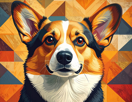 Pembroke Welsh Corgi portrait in colorful geometric abstract art style with triangular patterns