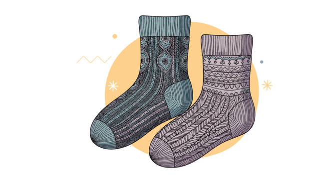 Pair of cozy winter socks featuring intricate ethnic patterns and textures in blue and purple colors against an orange circular backdrop.
