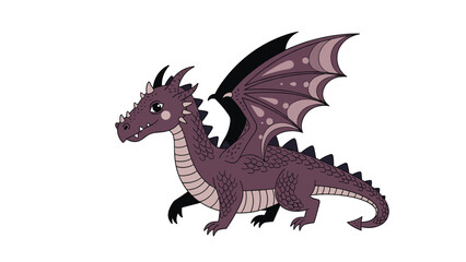 Fototapeta premium Friendly purple dragon character with large wings and horns walking forward in a profile view on a clean white background.
