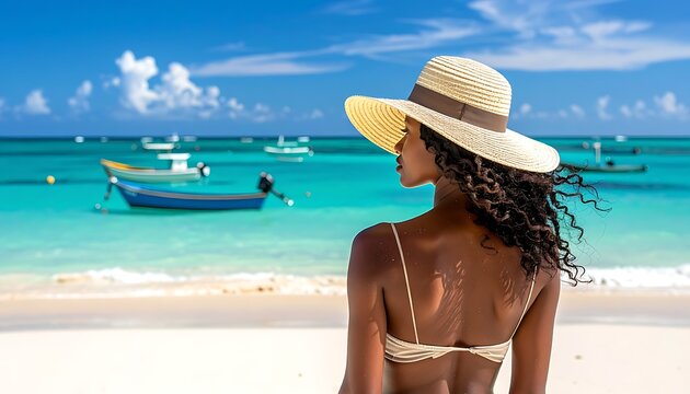 A woman in a beige bikini and sunhat gazes out at a vibrant turquoise ocean