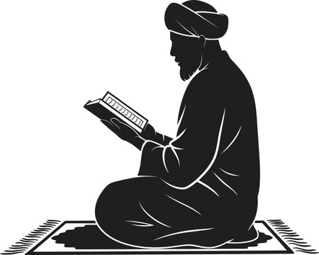 Islamic Scholar Silhouette Reading Religious Book on a Prayer Rug Vector Illustration for Ramadan Kareem and Eid Mubarak Design