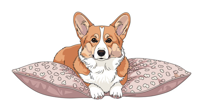 Adorable pembroke welsh corgi dog resting comfortably on two soft patterned pillows looking directly at the camera on white background.