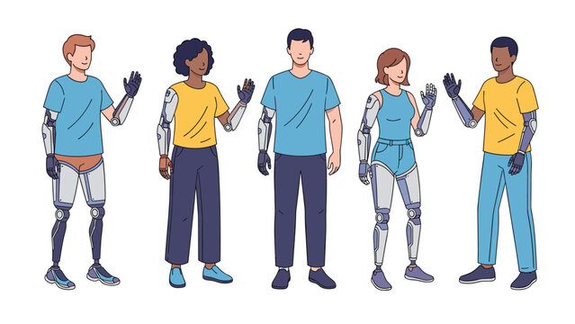 Diverse group of five people with advanced bionic prosthetic arms and legs standing together on a clean white background.