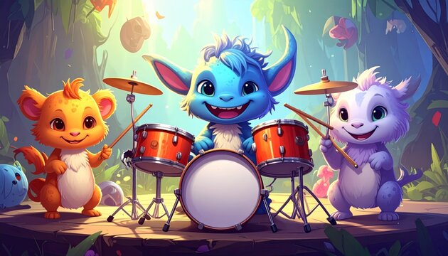 Cartoon monsters playing drums and cymbals.