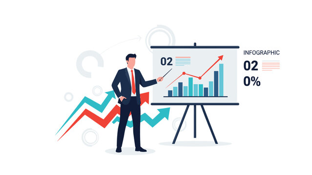 Professional businessman presenting growth infographics and statistical data charts on a tripod whiteboard for a meeting.