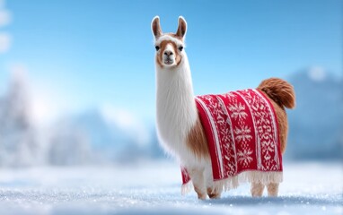 Fototapeta premium Llama Standing in Open Snowy Field with Warm Red Blanket and Scenic Background