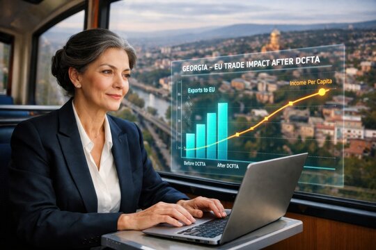 Georgian Businesswoman on Train Reviewing Holographic Georgia EU Trade Agreement Export and Income Growth Chart